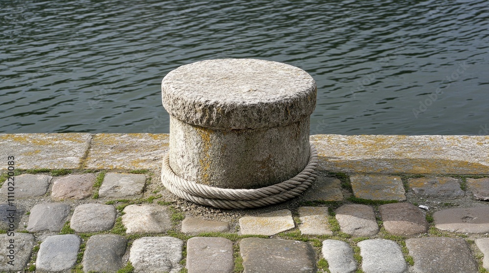 Bollard with rope secured to ferry boat at dock beside calm water and cobblestone surface showcasing maritime safety and infrastructure. Bollard with rope secured to ferry boat at dock beside calm water and cobblestone surface showcasing maritime safety and infrastructure.