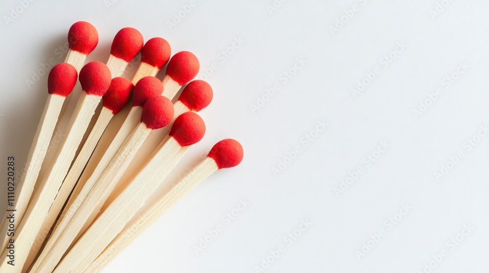 Red-tipped wooden safety matches arranged on a clean, isolated white background, highlighting their vibrant heads and wooden sticks, still life, kitchen tools, fire-starting essentials. Red-tipped wooden safety matches arranged on a clean, isolated white background, highlighting their vibrant heads and wooden sticks, still life, kitchen tools, fire-starting essentials.
