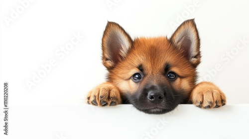 Adorable puppy with fluffy fur resting its paws on a white surface looking curiously into the camera in a clean and minimalist setting