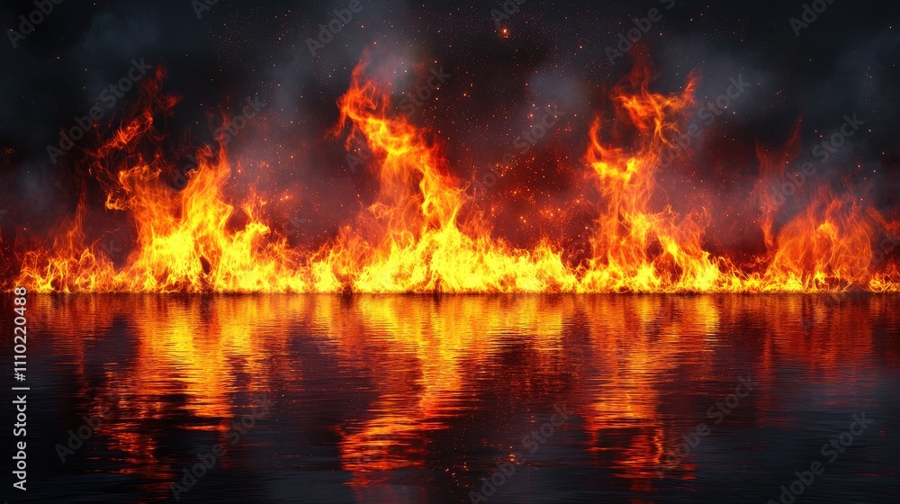 Vibrant fire flames creating a dramatic background with captivating reflections on a dark tranquil surface. Vibrant fire flames creating a dramatic background with captivating reflections on a dark tranquil surface.