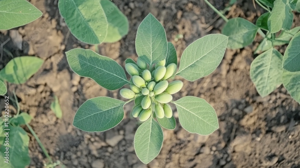 Top view of healthy soybean crop Glycine max with close-knit leaves and developing pods in fertile soil showcasing agricultural growth Top view of healthy soybean crop Glycine max with close-knit leaves and developing pods in fertile soil showcasing agricultural growth