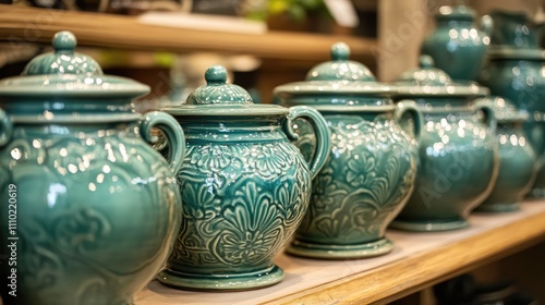 Turquoise glazed ceramic pots and pitchers on a wooden shelf displaying traditional patterns in a charming pottery shop setting photo