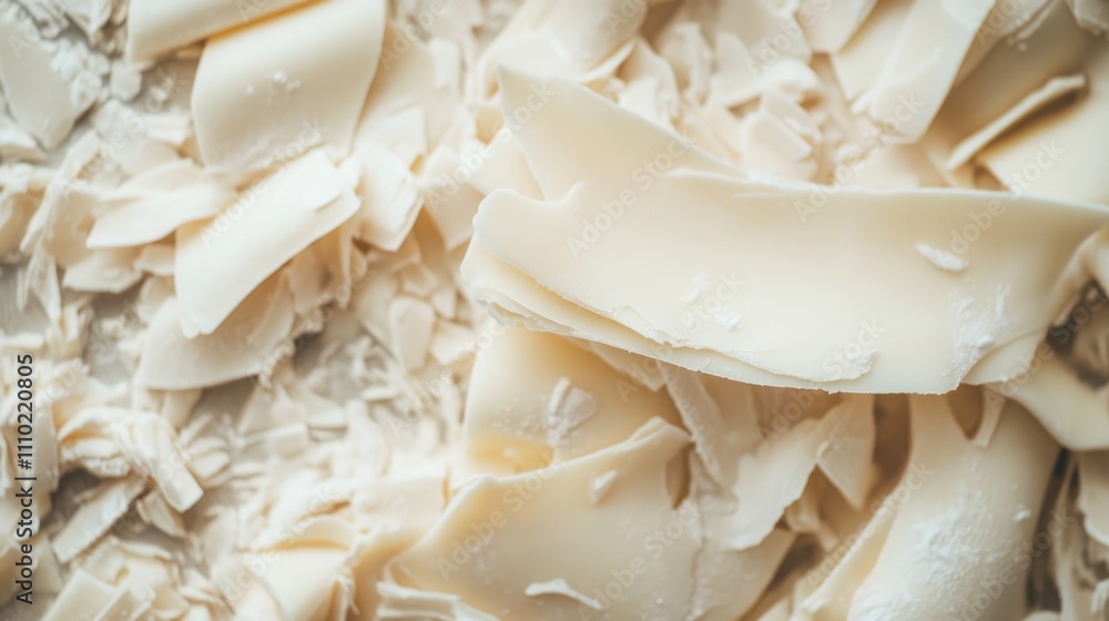 White chocolate curls and shavings arranged in a scattered pattern on a neutral background, highlighting texture and detail, food photography, dessert, confectionery. White chocolate curls and shavings arranged in a scattered pattern on a neutral background, highlighting texture and detail, food photography, dessert, confectionery.