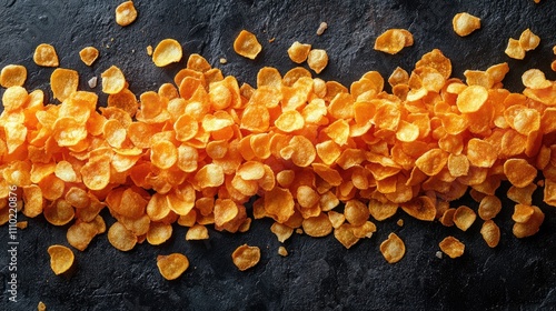 Crispy corn flakes scattered on a dark textured surface showcasing golden color and delightful texture for culinary or snack-themed concepts photo