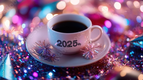 A close-up of a coffee cup and plate with , surrounded by shimmering tinsel and New Year party hats on a festive surface