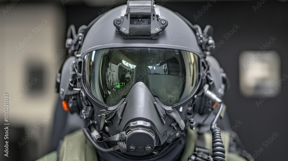 High-tech pilot helmet showcasing advanced display capabilities in a military training facility High-tech pilot helmet showcasing advanced display capabilities in a military training facility