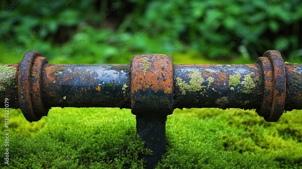 Rusty metal pipe surrounded by lush green grass and moss showcasing nature's reclamation of industrial objects. Rusty metal pipe surrounded by lush green grass and moss showcasing nature's reclamation of industrial objects.