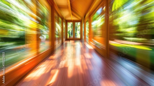Abstract motion blur of a brightly lit corridor showcasing a wooden interior and lush greenery through large windows.