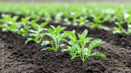 Green pea plants thriving in a well-tended farm field, showcasing vibrant greenery and healthy soil in agricultural environment.