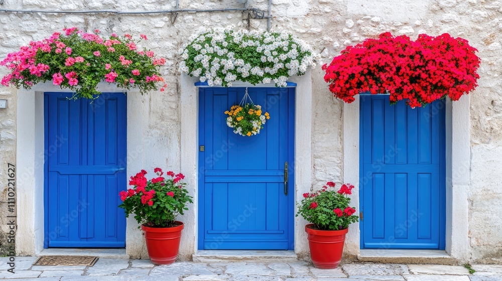 Naklejka premium Charming blue doors adorned with vibrant flowers in a picturesque European village setting
