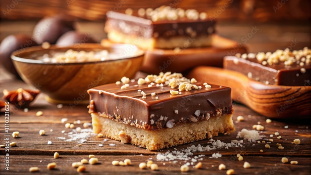 A close-up of a chocolate bar with a crunchy base and a sprinkle of nuts on top, sitting on a wooden surface with other bars and a bowl of nuts in the background. A close-up of a chocolate bar with a crunchy base and a sprinkle of nuts on top, sitting on a wooden surface with other bars and a bowl of nuts in the background.