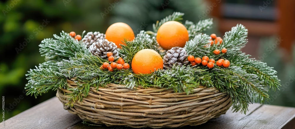 Warm orange winter decoration with natural elements featuring fruits pinecones and greenery in a rustic basket setting Warm orange winter decoration with natural elements featuring fruits pinecones and greenery in a rustic basket setting