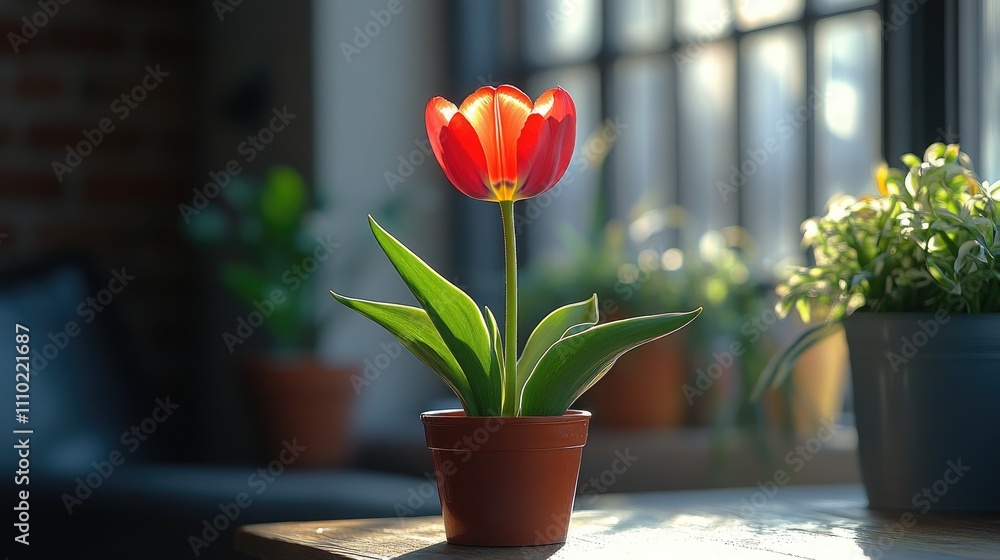 Solitary red tulip in a terracotta pot with sunlight highlighting the delicate petals and green leaves indoors Solitary red tulip in a terracotta pot with sunlight highlighting the delicate petals and green leaves indoors