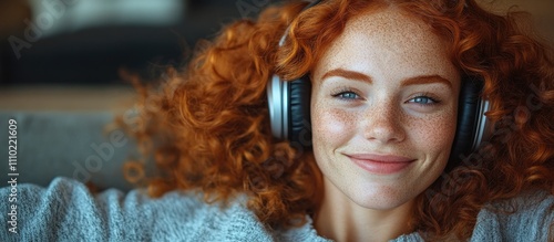 Smiling young woman with curly red hair enjoying music at home in cozy atmosphere wearing headphones and casual attire on the sofa photo