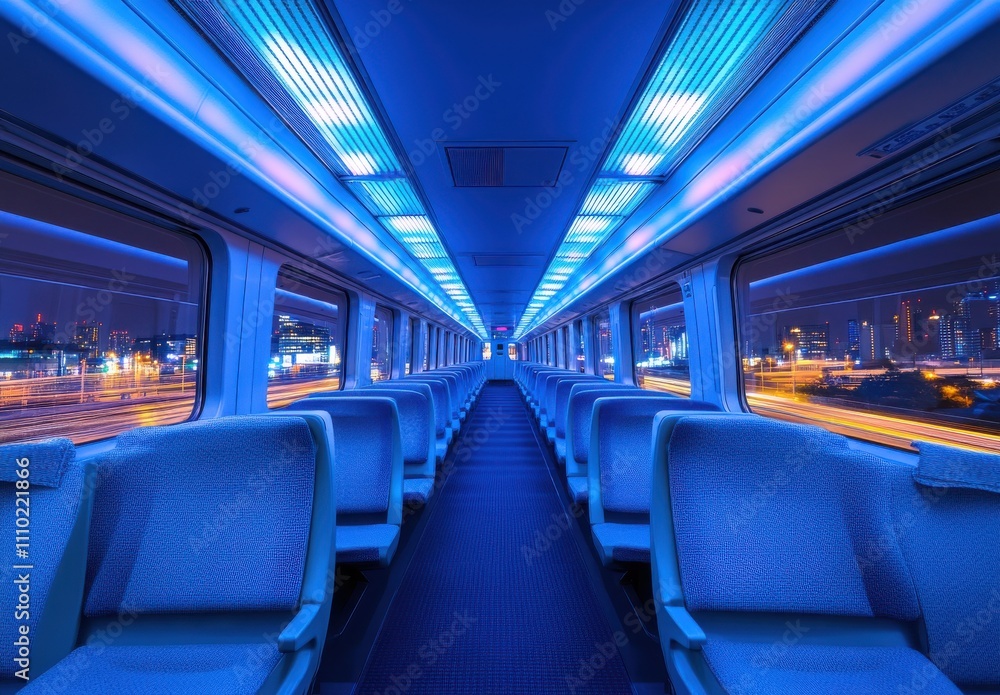 Futuristic Interior of an Abandoned Train Car Illuminated with Blue LED Lights Showcasing Urban Scene Through Windows at Night Futuristic Interior of an Abandoned Train Car Illuminated with Blue LED Lights Showcasing Urban Scene Through Windows at Night