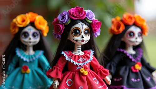 Traditional Catrina Figures Dressed for Festive Day of the Dead Traditions.