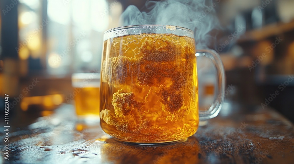 Close up of tea in glass jug with visible mold and steam highlighting contamination and brewing imperfections in a warm setting Close up of tea in glass jug with visible mold and steam highlighting contamination and brewing imperfections in a warm setting