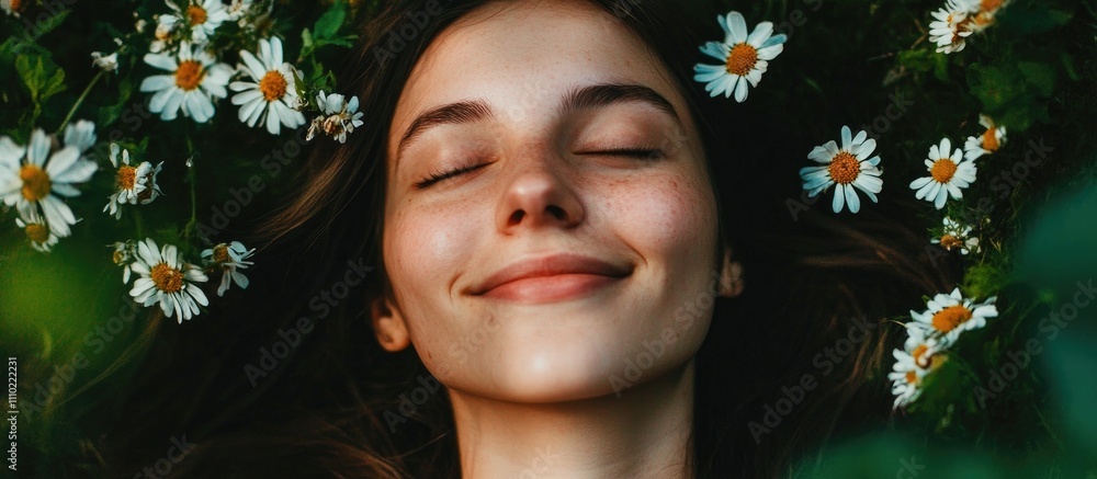 Smiling woman surrounded by daisies embodies wellness and beauty showcasing joy and natural radiance in a serene outdoor setting Smiling woman surrounded by daisies embodies wellness and beauty showcasing joy and natural radiance in a serene outdoor setting