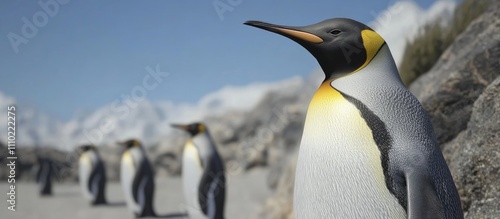 A group of emperor penguins standing on a rocky beach with a scenic mountainous backdrop in a clear blue sky. photo