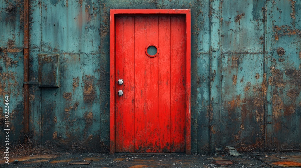 Red emergency escape door on a weathered blue metal wall illustrating an industrial and rustic aesthetic for safety and security themes. Red emergency escape door on a weathered blue metal wall illustrating an industrial and rustic aesthetic for safety and security themes.