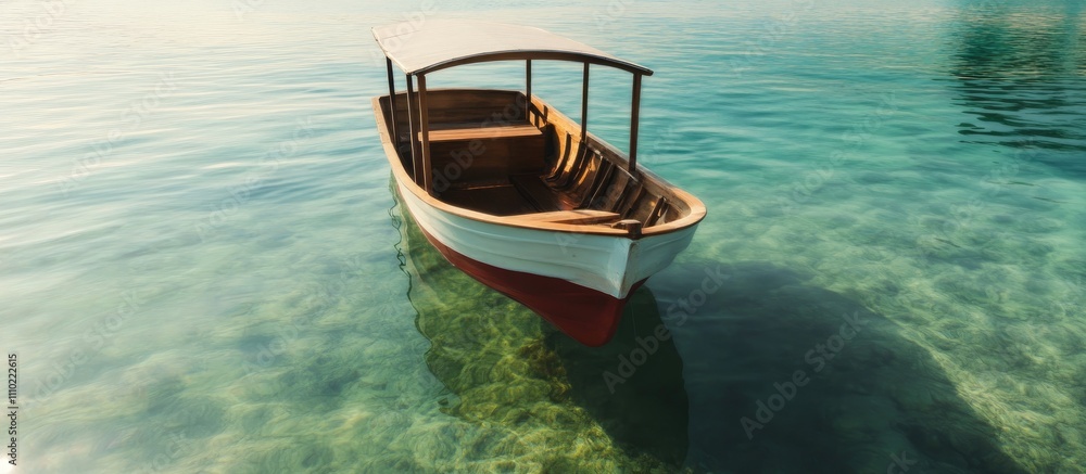 Obraz premium Serene Wooden Boat Floating in Crystal Clear Water at Sunset Perfect for Holiday and Travel Themes