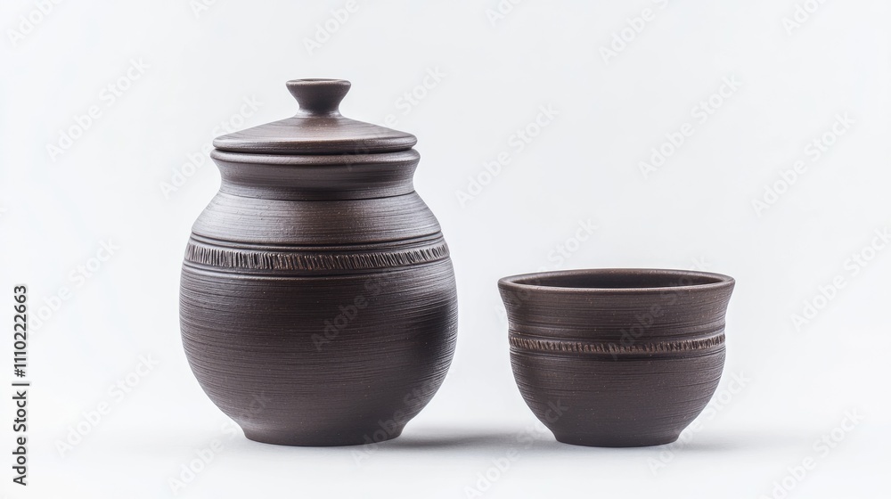 Traditional clay teapot and jar for tea ceremony displayed on a white background showcasing craftsmanship and cultural heritage Traditional clay teapot and jar for tea ceremony displayed on a white background showcasing craftsmanship and cultural heritage
