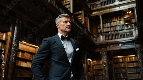 A man in a tuxedo stands in a library