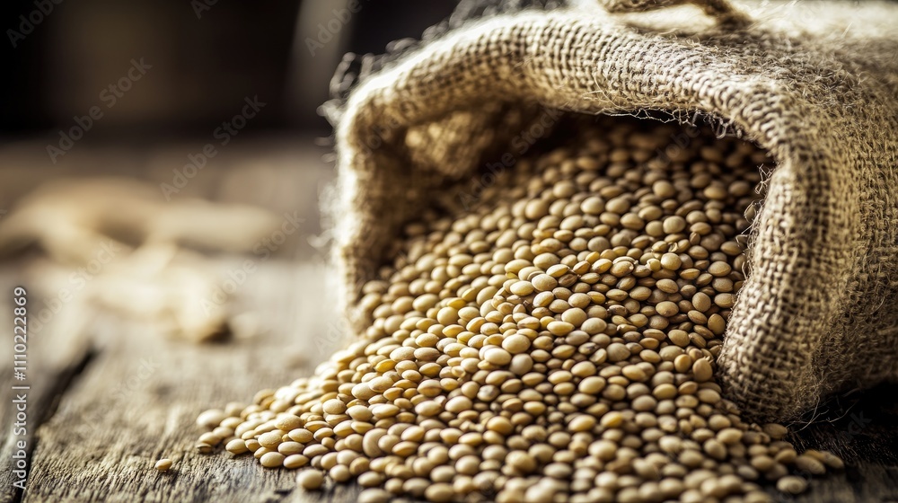 Organic raw lentils spilling from a burlap sack on rustic wooden surface showcasing healthy eating and natural food concepts Organic raw lentils spilling from a burlap sack on rustic wooden surface showcasing healthy eating and natural food concepts