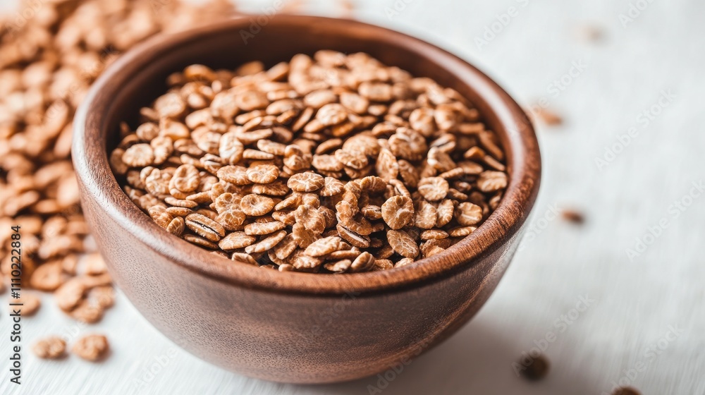 Close up of nutritious breakfast cereals in a wooden bowl on a light background with scattered grains for a healthy lifestyle concept Close up of nutritious breakfast cereals in a wooden bowl on a light background with scattered grains for a healthy lifestyle concept