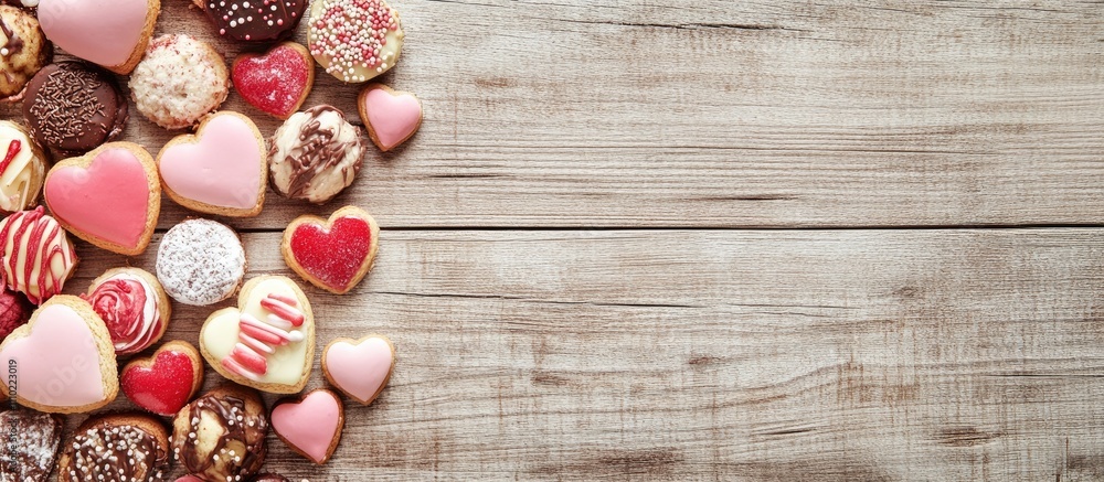 Valentine's Day border with heart-shaped cookies and sweets on wooden backdrop offering space for text and love themed design elements Valentine's Day border with heart-shaped cookies and sweets on wooden backdrop offering space for text and love themed design elements