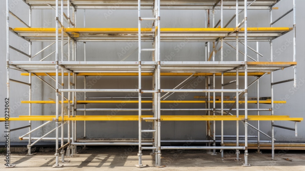 Scaffolding structure ready for installation at a construction site with empty space for text and advertising purposes. Scaffolding structure ready for installation at a construction site with empty space for text and advertising purposes.
