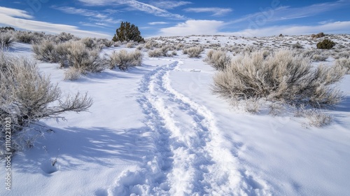 Tracks in the Snow Across a Serene Winter Landscape with Desert Flora Under a Bright Blue Sky