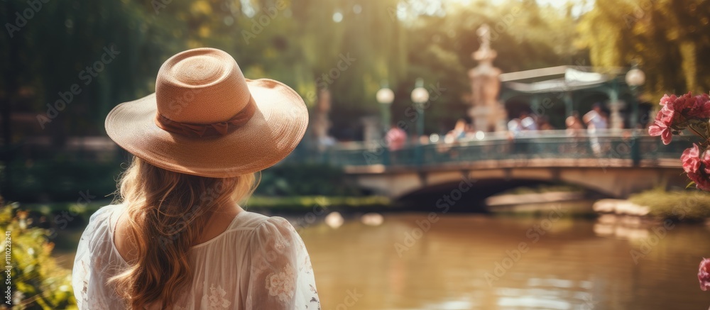 Fototapeta premium Woman with hat relaxing by the water in a historical park surrounded by lush greenery and people enjoying a sunny day outdoors