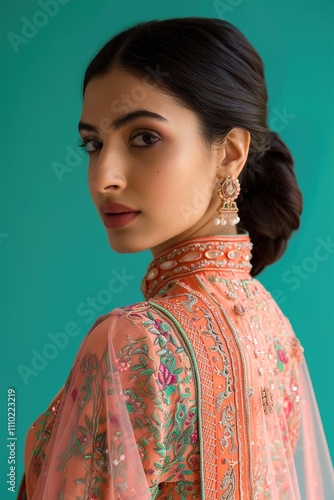 A female model in a traditional Indian suit with elegant embroidery and a contemporary silhouette, against a solid sea green background, reflecting grace and style.