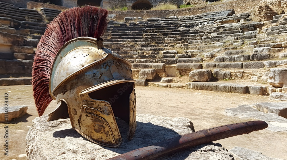 Roman gladiator helmet and sword displayed in ancient amphitheater during bright sunny day in historical location