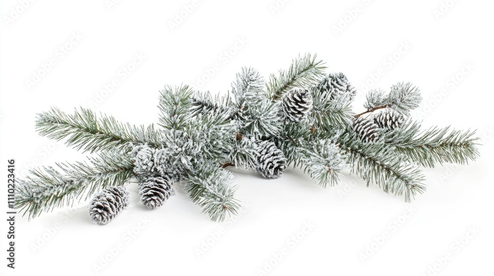 Frosted silver fir branch with pine cones on a white background for winter seasonal decoration or holiday themes. Frosted silver fir branch with pine cones on a white background for winter seasonal decoration or holiday themes.