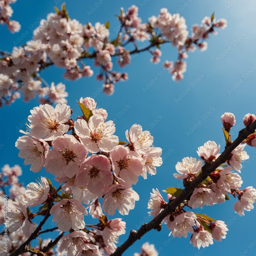 A cluster of cherry blossoms against a clear blue sky. A cluster of cherry blossoms against a clear blue sky.