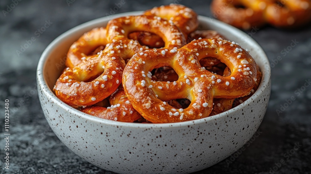 Freshly baked small pretzels in a speckled white bowl on a dark textured surface ideal for food photography and snack presentations. Freshly baked small pretzels in a speckled white bowl on a dark textured surface ideal for food photography and snack presentations.