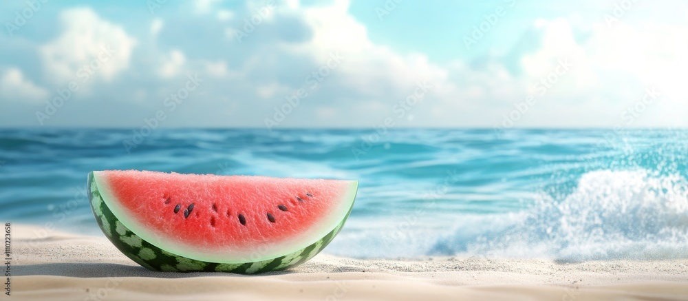 Watermelon slice on sandy beach with tranquil sea and blue sky background evoking summer freshness and relaxation vibes. Watermelon slice on sandy beach with tranquil sea and blue sky background evoking summer freshness and relaxation vibes.