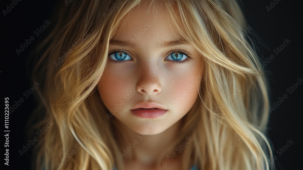 Portrait of a young blonde girl with striking blue eyes and soft features, embodying innocence and beauty against a dark background. Portrait of a young blonde girl with striking blue eyes and soft features, embodying innocence and beauty against a dark background.
