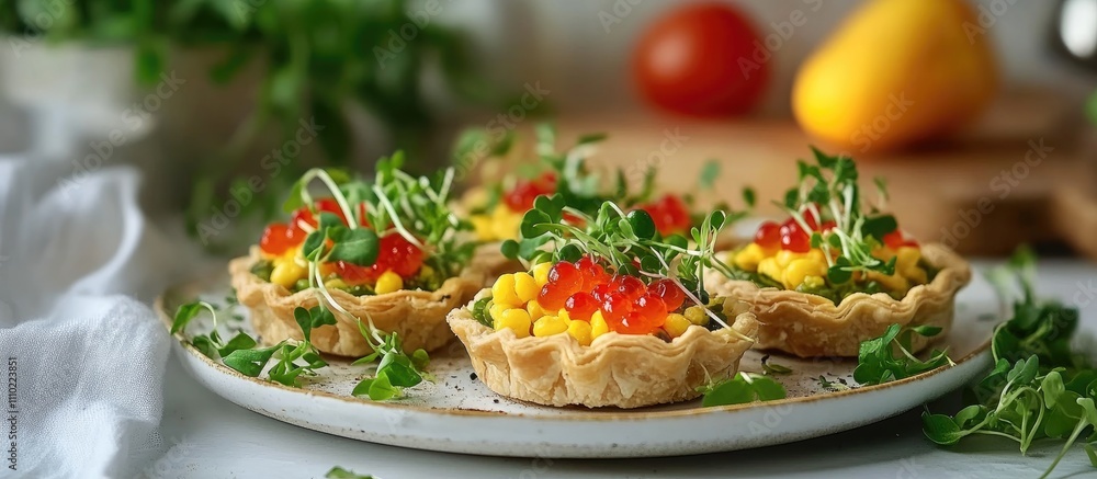 Tartlets with codfish liver caviar and microgreens served elegantly on a plate perfect for upscale appetizers and culinary presentations Tartlets with codfish liver caviar and microgreens served elegantly on a plate perfect for upscale appetizers and culinary presentations