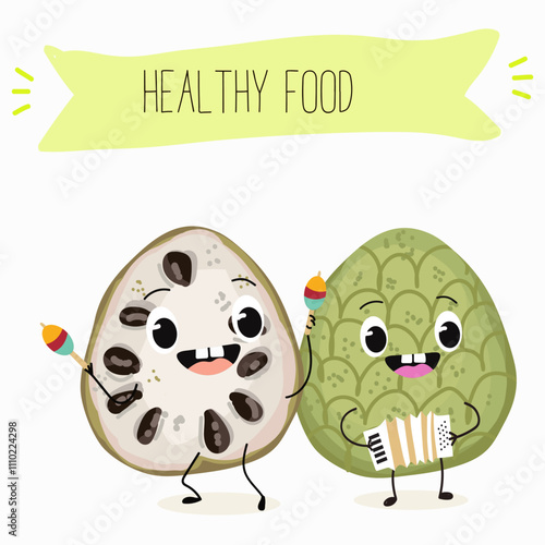 Cherimoya fruit cute funny cheerful characters with different poses and activities. Natural vitamin antioxidant detox food collection. Vector hand drawn illistration.