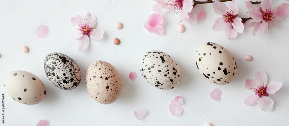 Elegant Easter display with decorative marble eggs cherry blossoms and pastel confetti on a clean white background top view flat lay Elegant Easter display with decorative marble eggs cherry blossoms and pastel confetti on a clean white background top view flat lay