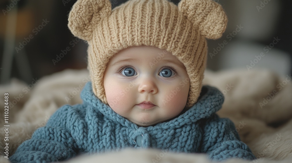 adorable baby wearing knitted bear hat and cozy sweater with big blue eyes looking curiously at the camera on soft blanket backdrop adorable baby wearing knitted bear hat and cozy sweater with big blue eyes looking curiously at the camera on soft blanket backdrop