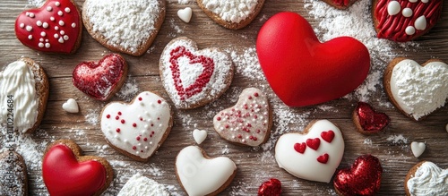 Valentine's Day Heart-Shaped Cookies Arrangement on Wooden Surface with Flour and Decorative Toppings