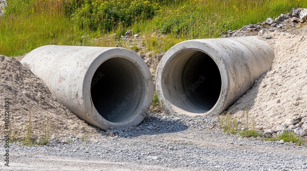 Concrete water tubes placed at the entrance of a gravel and sand quarry, surrounded by gravel and sandy mounds, industrial setting, construction materials, engineering, excavation. Concrete water tubes placed at the entrance of a gravel and sand quarry, surrounded by gravel and sandy mounds, industrial setting, construction materials, engineering, excavation.
