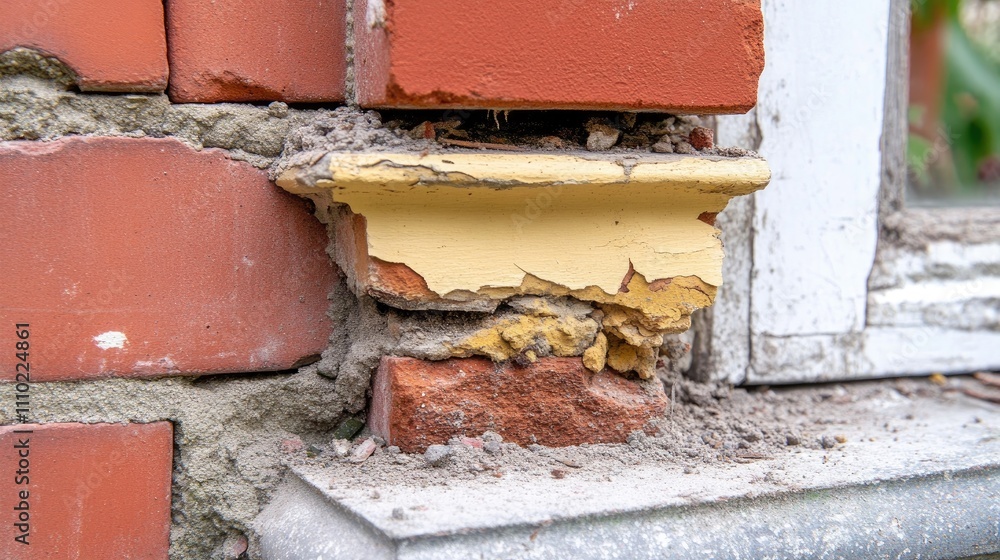 Damaged Red Brick Wall with Cracked Plaster and Yellow Trim Detail Showing Signs of Wear and Weathering in Urban Environment Damaged Red Brick Wall with Cracked Plaster and Yellow Trim Detail Showing Signs of Wear and Weathering in Urban Environment