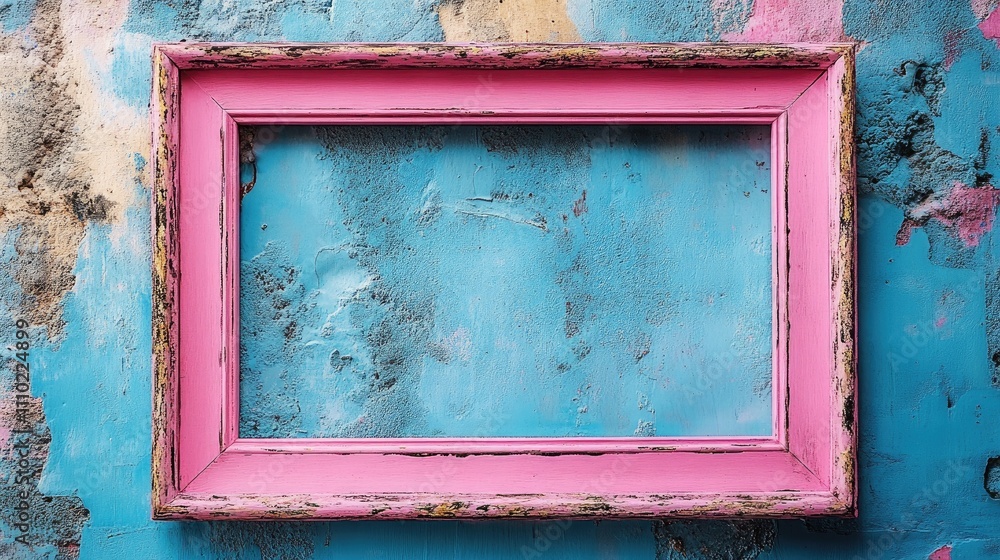 Naklejka premium Vintage pink frame on a textured blue wall creating a striking contrast in contemporary pop art style for creative design projects