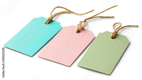 Colorful cardboard tags in turquoise pink and green with twine isolated on a white background for labeling and organization purposes