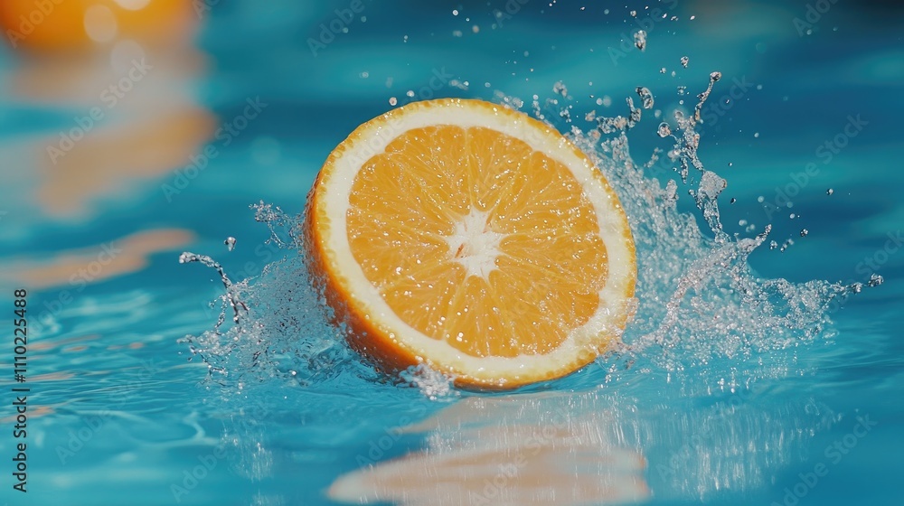 Sliced orange splashing into water creating vibrant spray against a bright blue background Sliced orange splashing into water creating vibrant spray against a bright blue background
